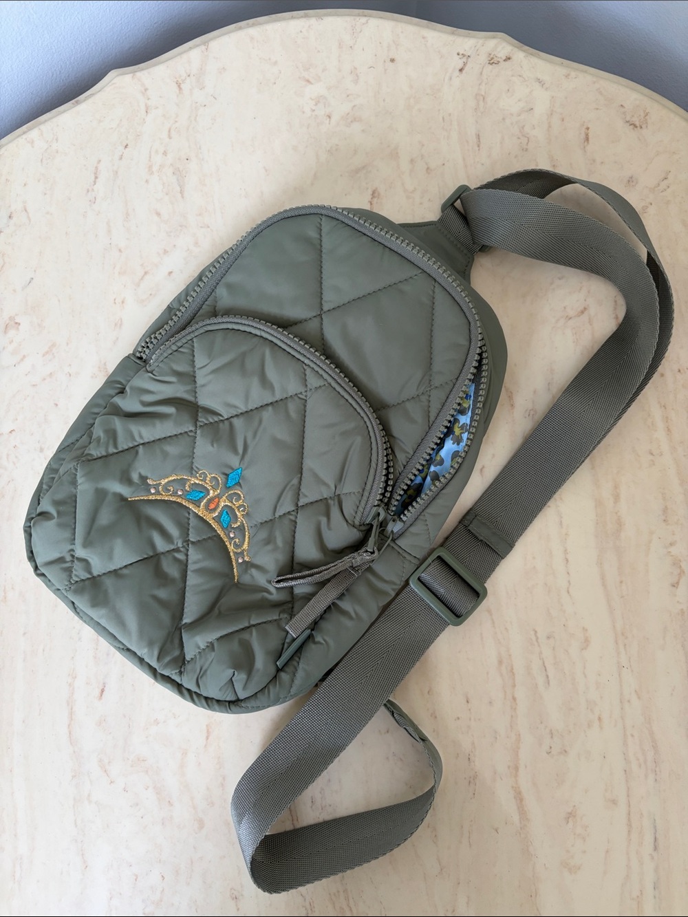 Vera Bradley Quilted Olive Crossbody Sling with Embroidered Accent